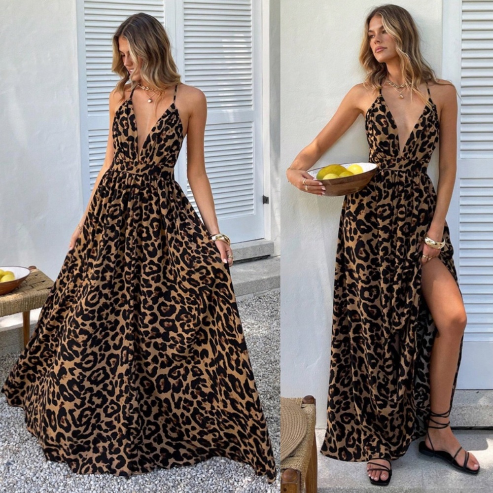 Backless Cheetah Maxi Dress Criss Cross V-Neck - Picture 2 of 16